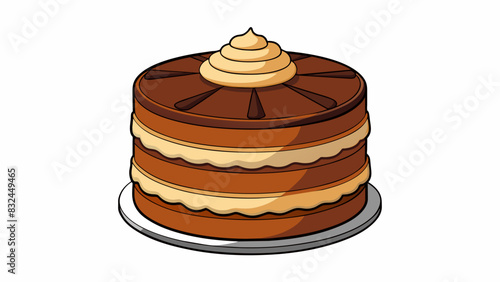 The cake sat on the table its layers perfectly stacked and frosted with smooth chocolate icing. The aroma of vanilla and cinnamon filled the room. Cartoon Vector.