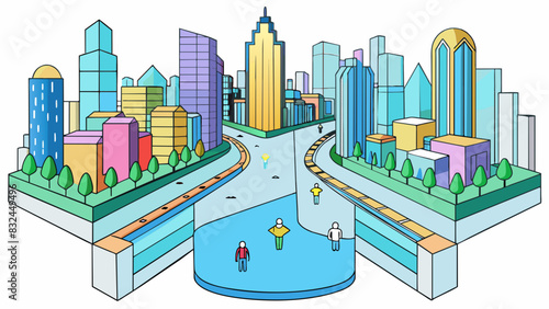 The busy city streets were ablaze with neon lights and bustling crowds. Tall sleek buildings towered over the sidewalks their mirrored surfaces. Cartoon Vector.