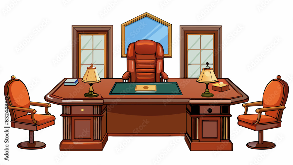 The CEOs office was appointed with a solid mahogany desk leather armchairs and sophisticated artwork adorning the walls.. Cartoon Vector. The CEOs office was appointed with a solid mahogany desk leather armchairs and sophisticated artwork adorning the walls.. Cartoon Vector.