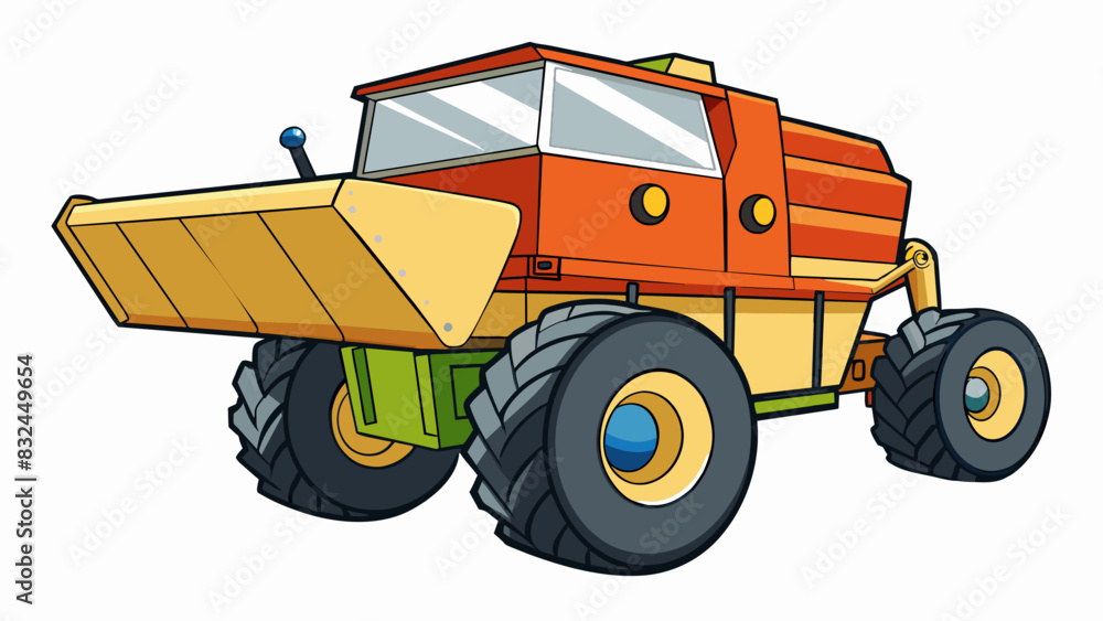 The combine resembles a giant toy truck with its rugged frame and massive wheels. But instead of toys it transports crops from fields to storage. Cartoon Vector. The combine resembles a giant toy truck with its rugged frame and massive wheels. But instead of toys it transports crops from fields to storage. Cartoon Vector.