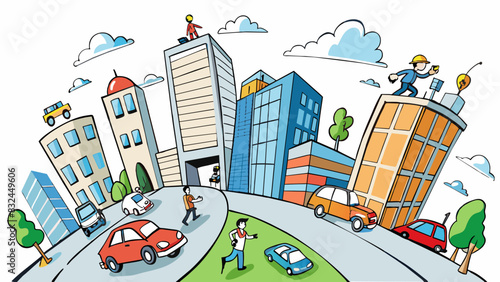 The city was a bustling and active metropolis with cars honking people rushing to and fro and buildings rising high into the sky. It was a place where. Cartoon Vector.