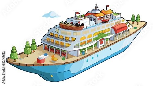 The colossal cruise ship was a floating city boasting multiple restaurants pools and entertainment areas and could hold thousands of passengers on. Cartoon Vector.