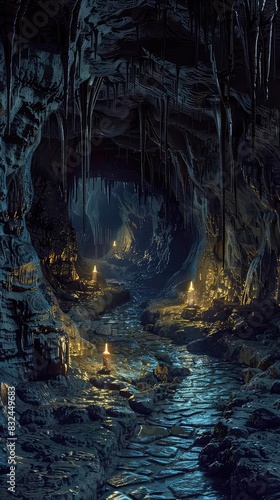 Subterranean cave with stalactites and stalagmites illuminated by torchlight, dark tones, realistic, highdetail illustration, dramatic and atmospheric, photo