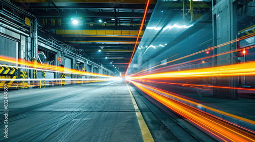 Trucks entering and exiting a logistics hub  creating streaks of light