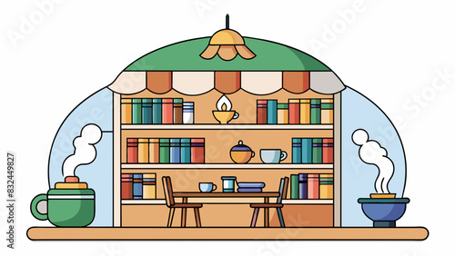The distinct smell of freshly brewed coffee wafts through the air as you enter a cozy caf� lined with shelves of books in different languages. The. Cartoon Vector.