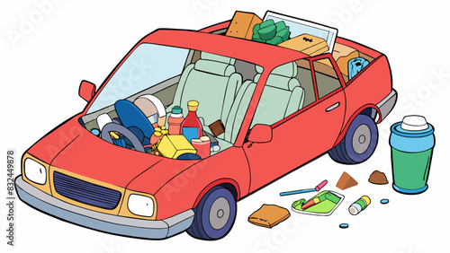 The drivers car was filled with trash and clutter with snacks and drinks tered all over the seats. They had a disorganized and messy nature evident. Cartoon Vector.