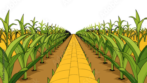 The farmers fields were filled with rows upon rows of tall stalks of corn already turning a rich shade of amber ready for harvest in September.. Cartoon Vector.