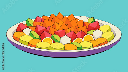 The final trial was a taste test of various types of fruits. The fruits were into small bitesized pieces and p on a large white platter. Some were. Cartoon Vector.