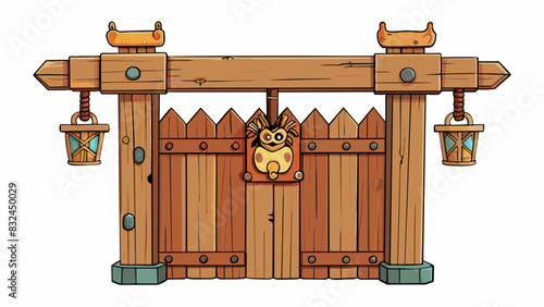 The first gate is made of wooden posts connected with a horizontal wooden beam. The posts have intricate carvings of animals and the beam has a rusty. Cartoon Vector.