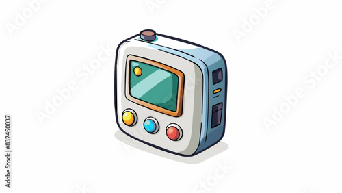 The first object is a small rectangular device that fits easily in the palm of your hand. It is made of smooth shiny metal with a black button on one. Cartoon Vector.