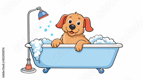 The final illustration shows a dog sitting in a bathtub being washed with a handheld shower nozzle. The dogs fur is wet and soapy and they look. Cartoon Vector.