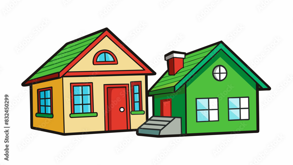 The house with the green shutters had a cozy and welcoming exterior whereas the house with the red door looked bold and modern.. Cartoon Vector. The house with the green shutters had a cozy and welcoming exterior whereas the house with the red door looked bold and modern.. Cartoon Vector.