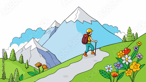 The hiker eagerly climbed up the steep trail in order to acquire a breathtaking view of the mountain summit. The panoramic landscape and colorful. Cartoon Vector.