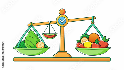 The fourth illustration is a depiction of a scale with a pile of unhealthy junk food on one side and an assortment of fresh fruits and vegetables on. Cartoon Vector.