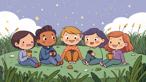 The group of friends sat ast the tall grass in the meadow their laughter echoing through the open space. As the sun began to set they huddled closer. Cartoon Vector.