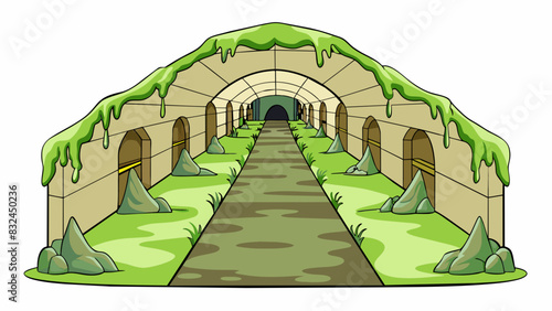 The fourth challenge was a series of narrow winding caves that sd deep underground. Their damp musty walls were slick with moss and the air was thick. Cartoon Vector.