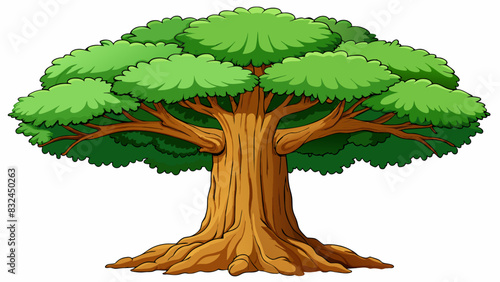 The grandest tree in the forest with a mighty trunk that spans many feet and branches that stretch wide providing shelter and shade to countless. Cartoon Vector.