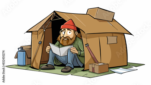 The homeless man used cardboard boxes to occupy the corner of the abandoned building creating a makeshift shelter. The boxes were rigid and sy. Cartoon Vector.