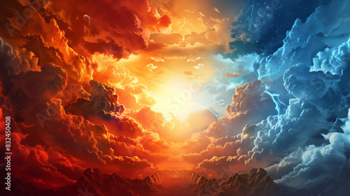 Day vs dawn, blue and orange cloudy for good vs bad or heaven vs hell concept. 2 choices. AI Generative 