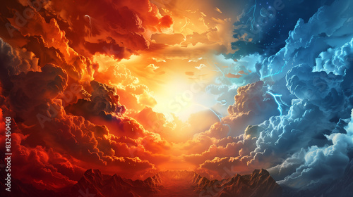 Day vs dawn, blue and orange cloudy for good vs bad or heaven vs hell concept. 2 choices. AI Generative	
