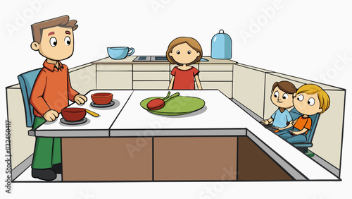 The kitchen countertop expanded to twice its normal size with the help of the extendable leaf creating enough space to comfortably seat a large family. Cartoon Vector.
