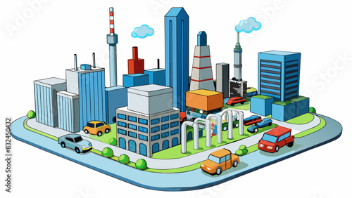 The largely industrial cityscape was a bustling and energetic environment with towering skyscrs and busy streets filled with cars and people. The. Cartoon Vector.
