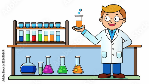 The laboratory was filled with shelves upon shelves of glass beakers each with different colored liquids and substances inside. The scientist. Cartoon Vector.