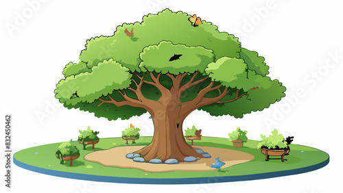 The large majestic oak tree in the yard was surely a popular spot for birds to gather and sing.. Cartoon Vector.