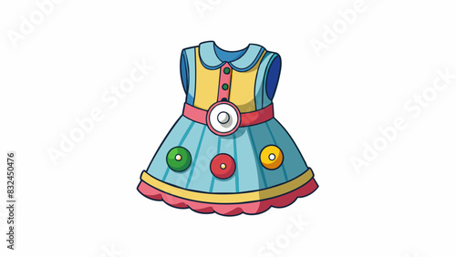 The little girls dress had a e playful gee on the front made of colorful buttons and ribbons adding a charming touch to the garment.. Cartoon Vector.