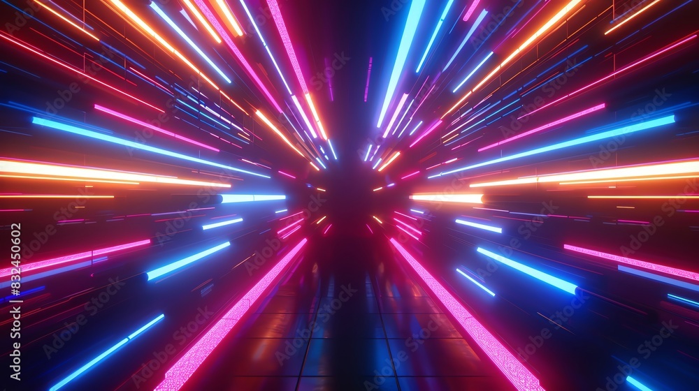 Neon light explosion, colorful radial lines, dark background, highresolution, modern tech aesthetic Neon light explosion, colorful radial lines, dark background, highresolution, modern tech aesthetic