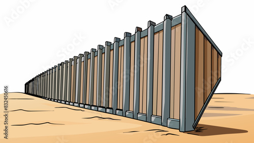 The metal frame of the border wall juts out of the ground standing tall and imposing. Its sharp edges and metallic sheen reflect the sun casting. Cartoon Vector.