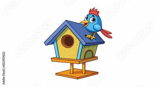 The naive bird landed on a painted birdhouse mistaking it for a real one.. Cartoon Vector.