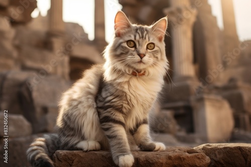 Portrait of a cute american curl cat isolated in backdrop of ancient ruins