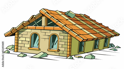 The old building had a partly collapsed roof allowing small rays of sunlight to filter in through the cracks. The worn bricks and crumbling facade. Cartoon Vector.