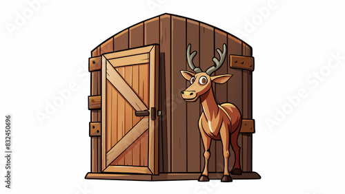 The old barn door creaked open revealing a dimly lit interior. In the corner a wooden figurine of a deer stood carved from a block of knotted oak. Its. Cartoon Vector.
