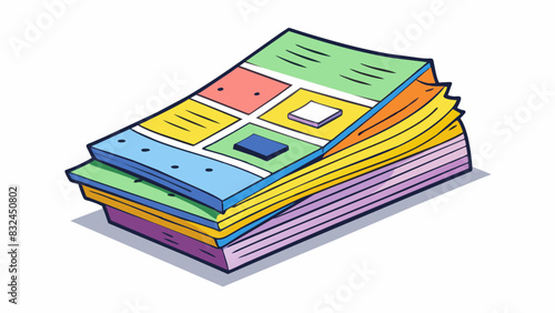 The output is a stack of colorful rectangular sheets of paper with images and text printed on them. Each sheet has a perforated edge and is slightly. Cartoon Vector.