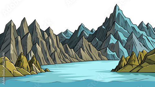 The rugged rocky mountainside loomed over the peaceful serene lake at its base. The harsh jagged edges of the mountains contrasted with the smooth. Cartoon Vector.