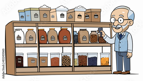 The second consumer is a middleaged man standing in front of a shelf of coffee beans at a grocery store. He reads the labels carefully examining the. Cartoon Vector.