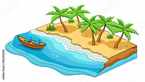 The sound of waves crashing against the shore lulls you into a state of tranquility as you lay on a pristine sandy beach surrounded by lush palm trees. Cartoon Vector.