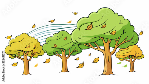 The strong gusts swept through the trees rustling their leaves and bending their branches.. Cartoon Vector.