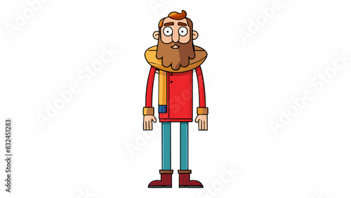 The tall lanky man with a bushy beard and a bright red scarf. This clause paints a picture of the mans physical appearance emphasizing his height. Cartoon Vector.