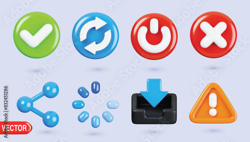 Set of Realistic General UI 3D Icons. Power, Refresh, Denied, Accepted, Share, Loading, Download, Correct, Warning. Universal icons 3d vector illustration
