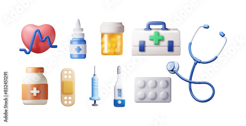3d medicine icon set isolated. Render medical collection. Spray, pills, first aid kit, thermometer, syringe, heartrate, stethoscope. Healthcare hospital and medical diagnostics. Vector illustration
