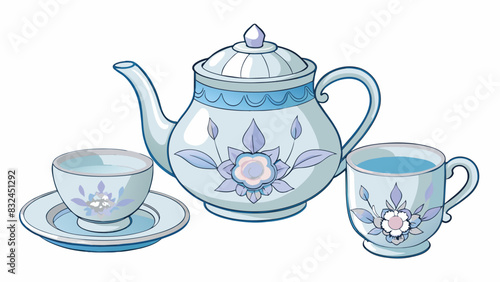 The tea set on the table was one fit for a madam delicate porcelain cups with intricate floral designs a silver teapot and dainty sugar cubes in a. Cartoon Vector.