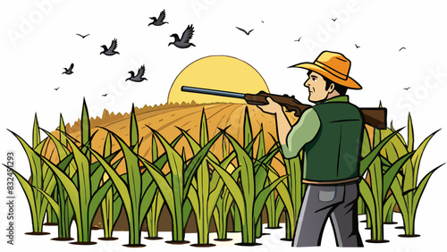The sun sets behind a field of tall cornstalks as a farmer uses his shotgun to shoot down a group of crows protecting his crops. The sound of the gun. Cartoon Vector.