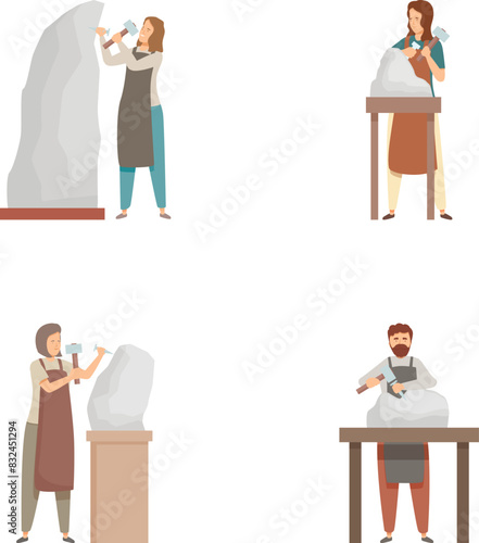 Set of illustrations showing artists sculpting stone figures
