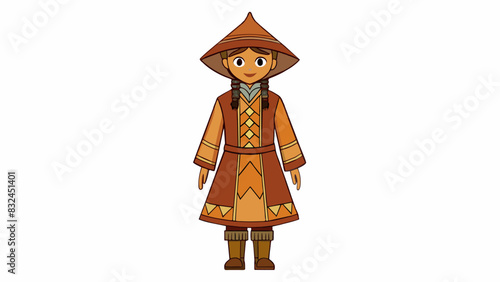 The traditional attire worn by locals in the mountainous region is a long flowy tunic adorned with intricate geometric patterns in warm earth tones.. Cartoon Vector.