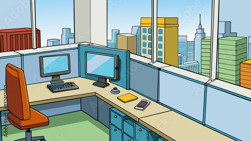 The vacant office cubicle had a clear view of the bustling city street below but no one sat in the swivel chair to enjoy it. The desk was neatly. Cartoon Vector.