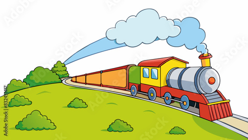 The trains horn let out a long loud blow as it chugged through the countryside.. Cartoon Vector.