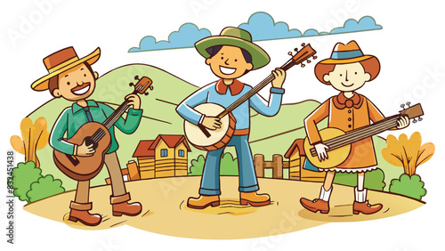 The traditional music of the plains region is characterized by the use of various string instruments such as the banjo and the fiddle. The melodies. Cartoon Vector.